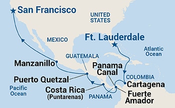 16-Day Panama Canal - Ocean to Ocean Holiday Itinerary Map
